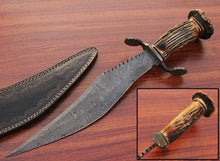 Load image into Gallery viewer, Custom Hand Made Damascus Steel Hunting Crown Stag Bowie Knife