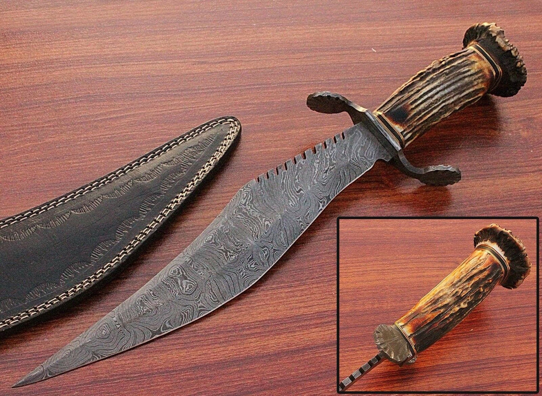 Custom Hand Made Damascus Steel Hunting Crown Stag Bowie Knife