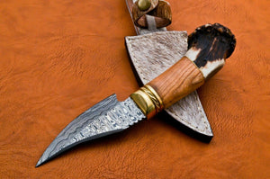 Custom Handmade Damascus Steel Mini Bowie Knife with Crown Stag Handle