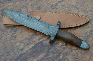 Custom Handmade Damascus Steel Bowie Knife with Wood Handle