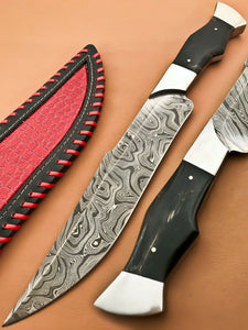 Custom Handmade Damascus Steel Bowie Knife with Bull Horn Handle