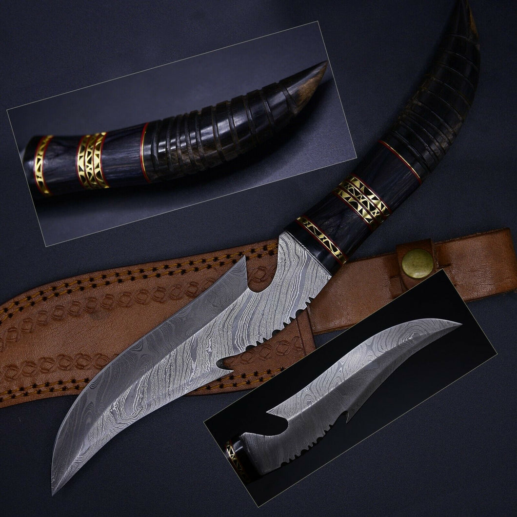 Custom Handmade Damascus Steel Bowie Knife with Horn Handle